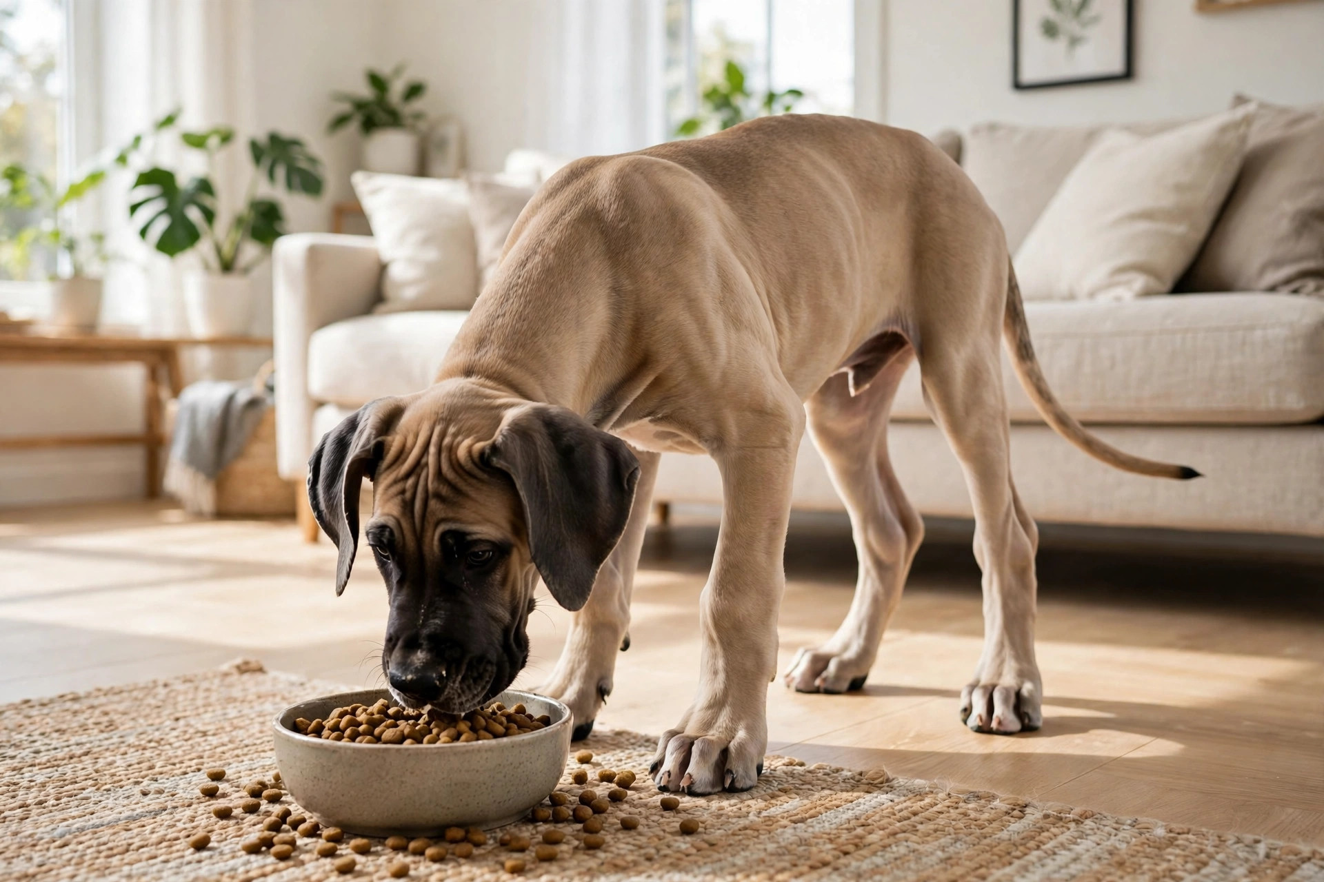 Great dane puppy eating from a bowl of puppy kibble.