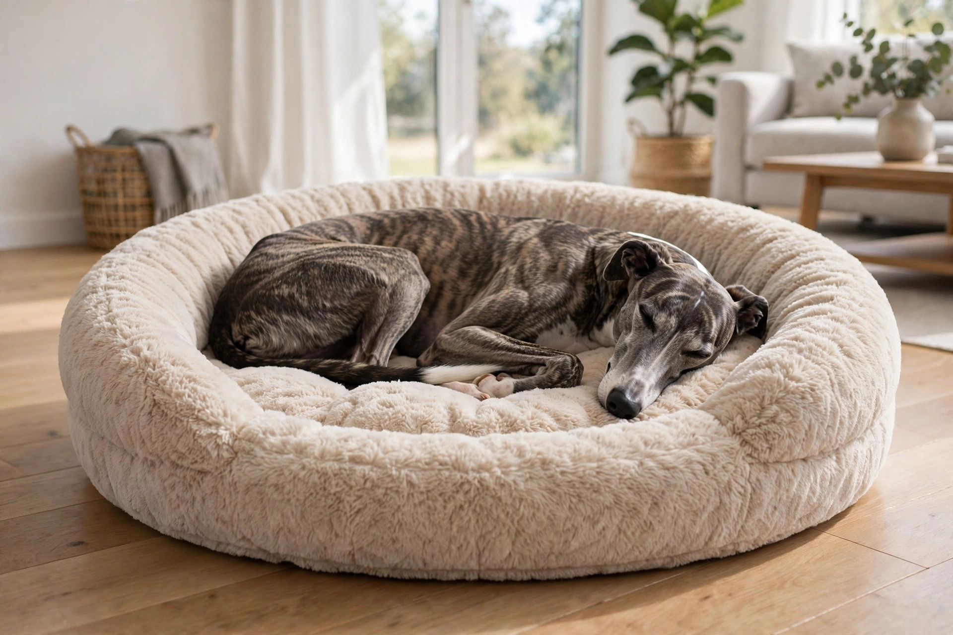 Large greyhound curled up in a big appropriately-sized calming donut dog bed in a bright living room.