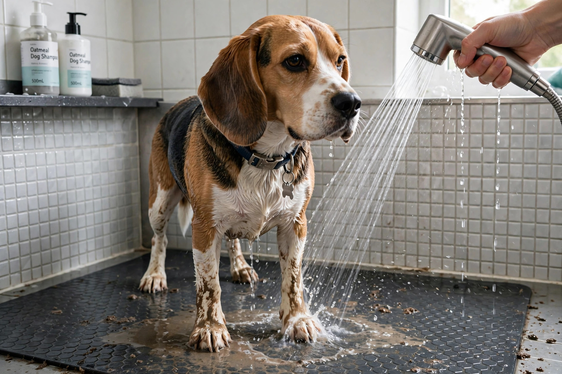 Handheld shower sprayer gently rinsing a beagle's muddy paws in a dog wash station