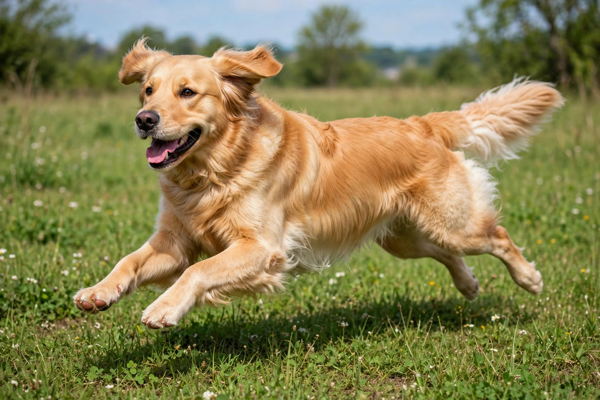 A healthy-weight golden retriever running happily across a grassy field.