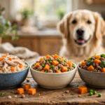 Three balanced homemade dog food bowls with chicken, turkey and beef recipes and a golden retriever watching.