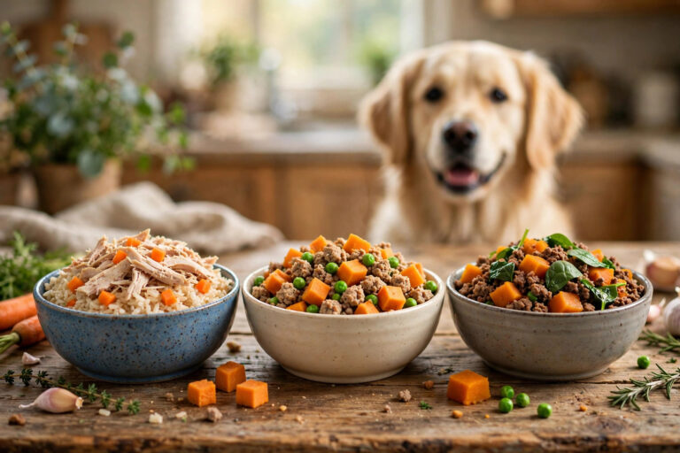 Three balanced homemade dog food bowls with chicken, turkey and beef recipes and a golden retriever watching.