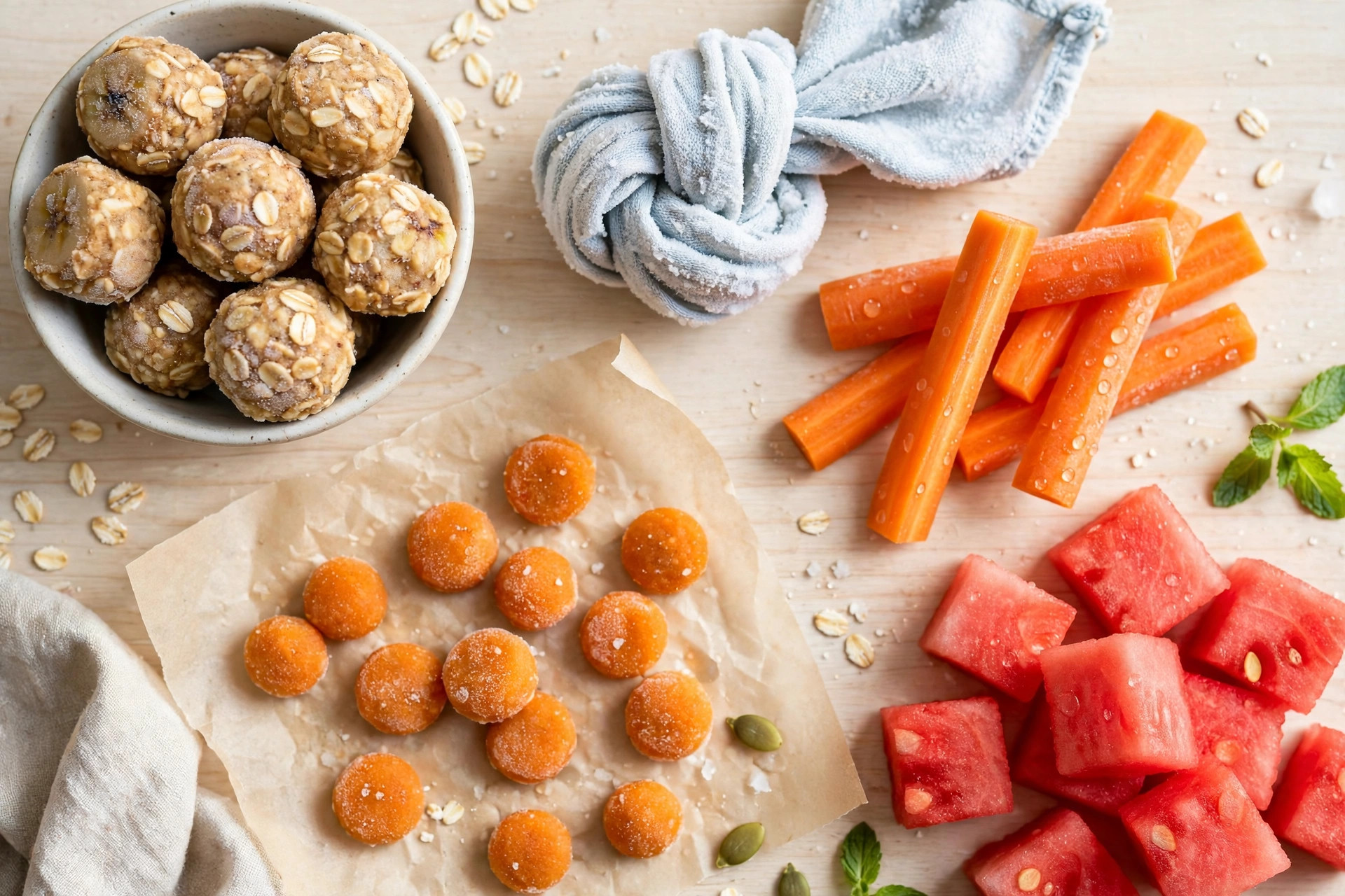 Flat lay of five homemade puppy teething treats: banana-oat bites, frozen washcloth chew, carrot sticks, pumpkin dots and watermelon chunks.