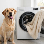Labrador sitting beside a washing machine with a dog bed cover ready to wash.