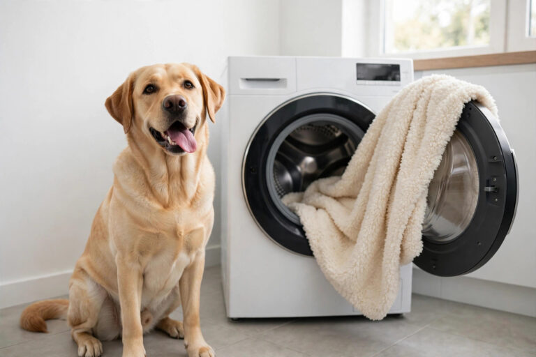 Labrador sitting beside a washing machine with a dog bed cover ready to wash.