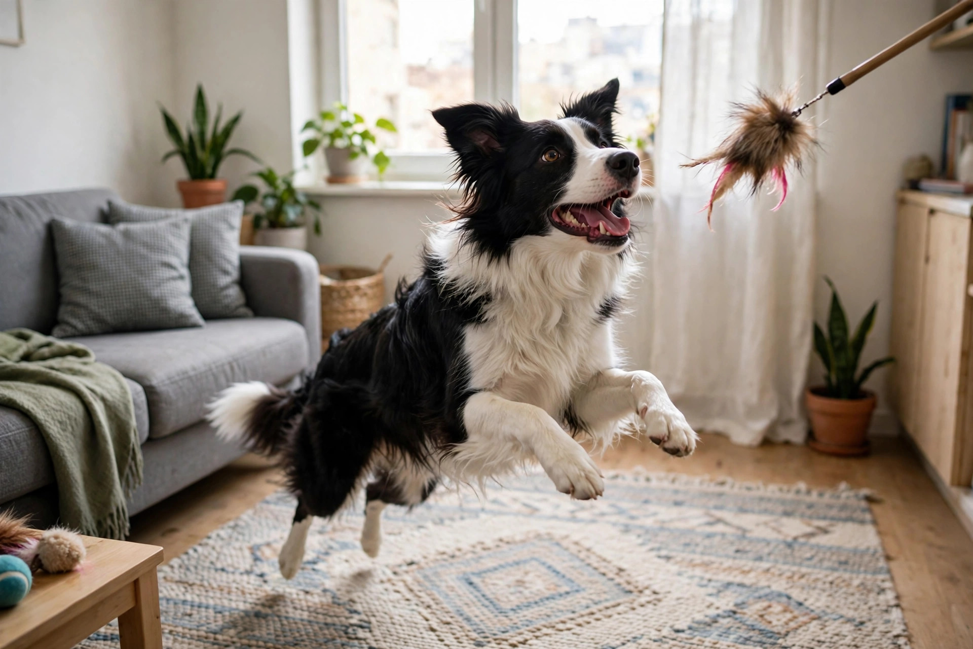 Border collie mid-leap chasing a flirt pole toy during indoor exercise in an apartment.