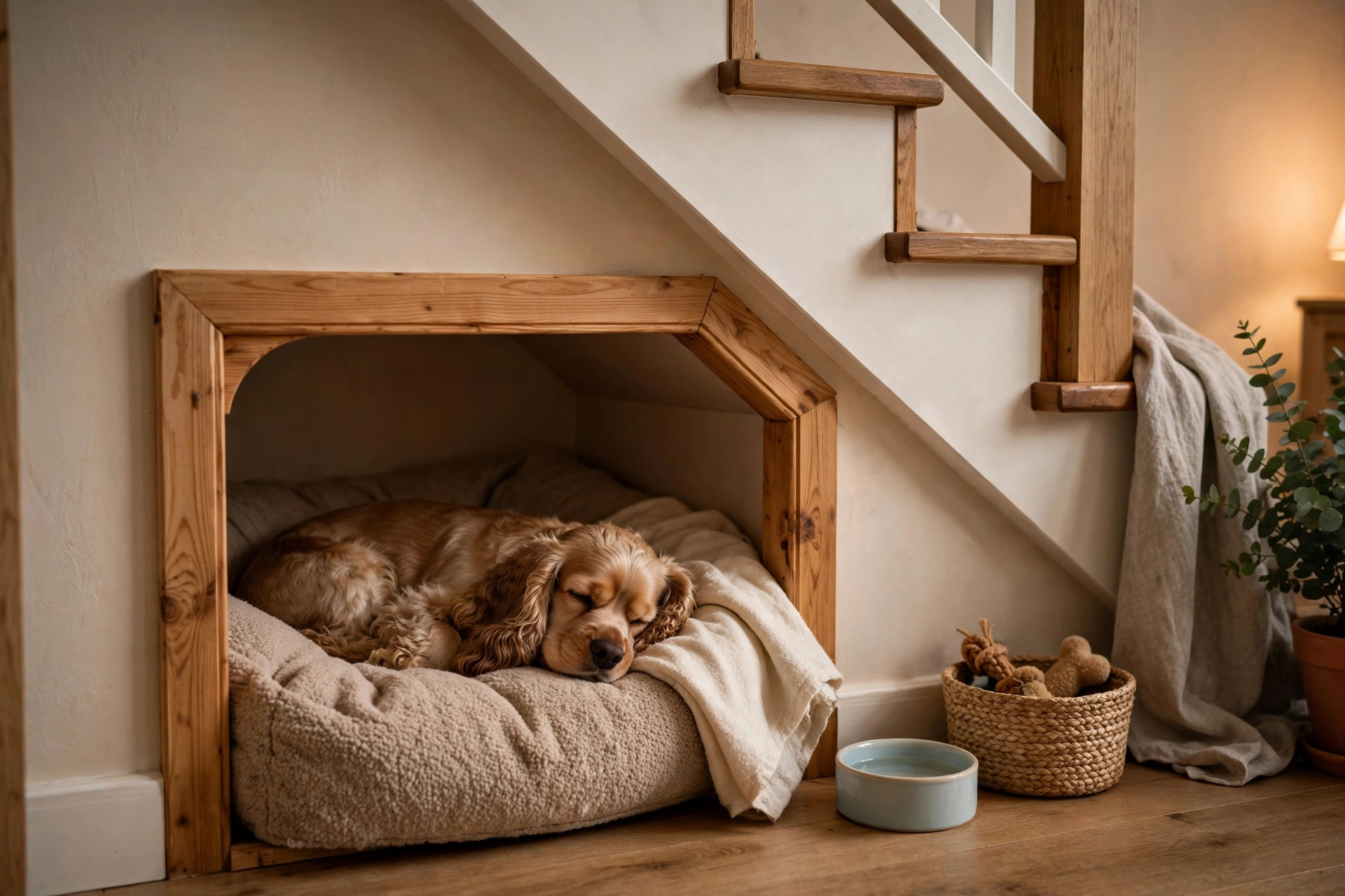 Cozy indoor dog nook built under a staircase with a sleeping cocker spaniel on a cushion.
