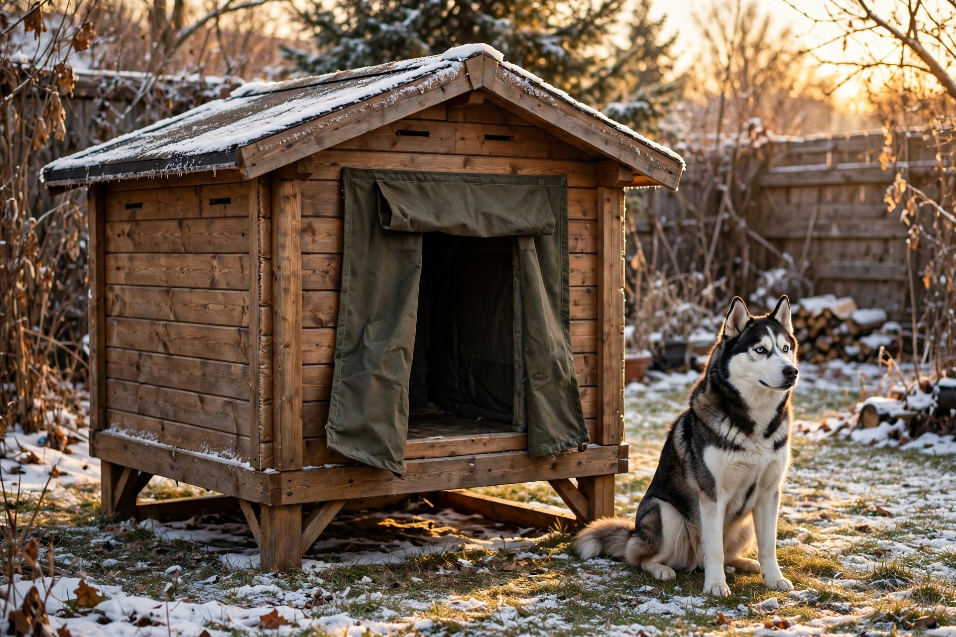 Insulated wooden winter dog house with a fabric flap door and raised floor in a snowy yard, husky beside it.