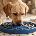 Dog eating from a spiral maze slow feeder bowl.