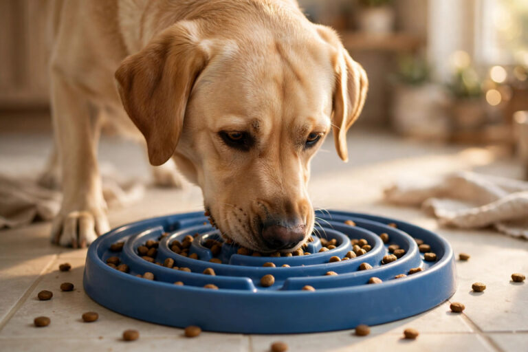 Dog eating from a spiral maze slow feeder bowl.