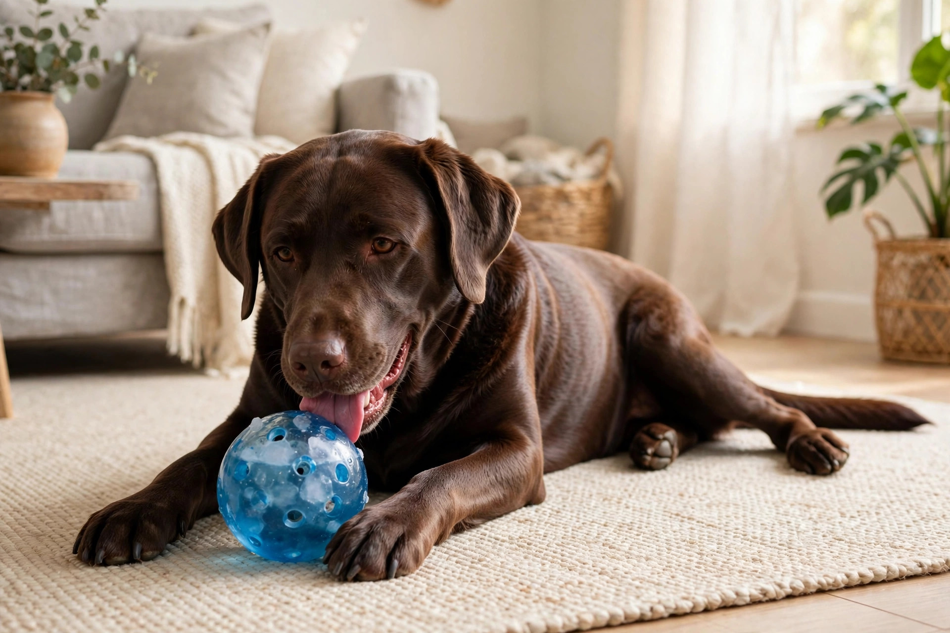 Chocolate labrador licking a frozen treat ball toy on a living room rug.