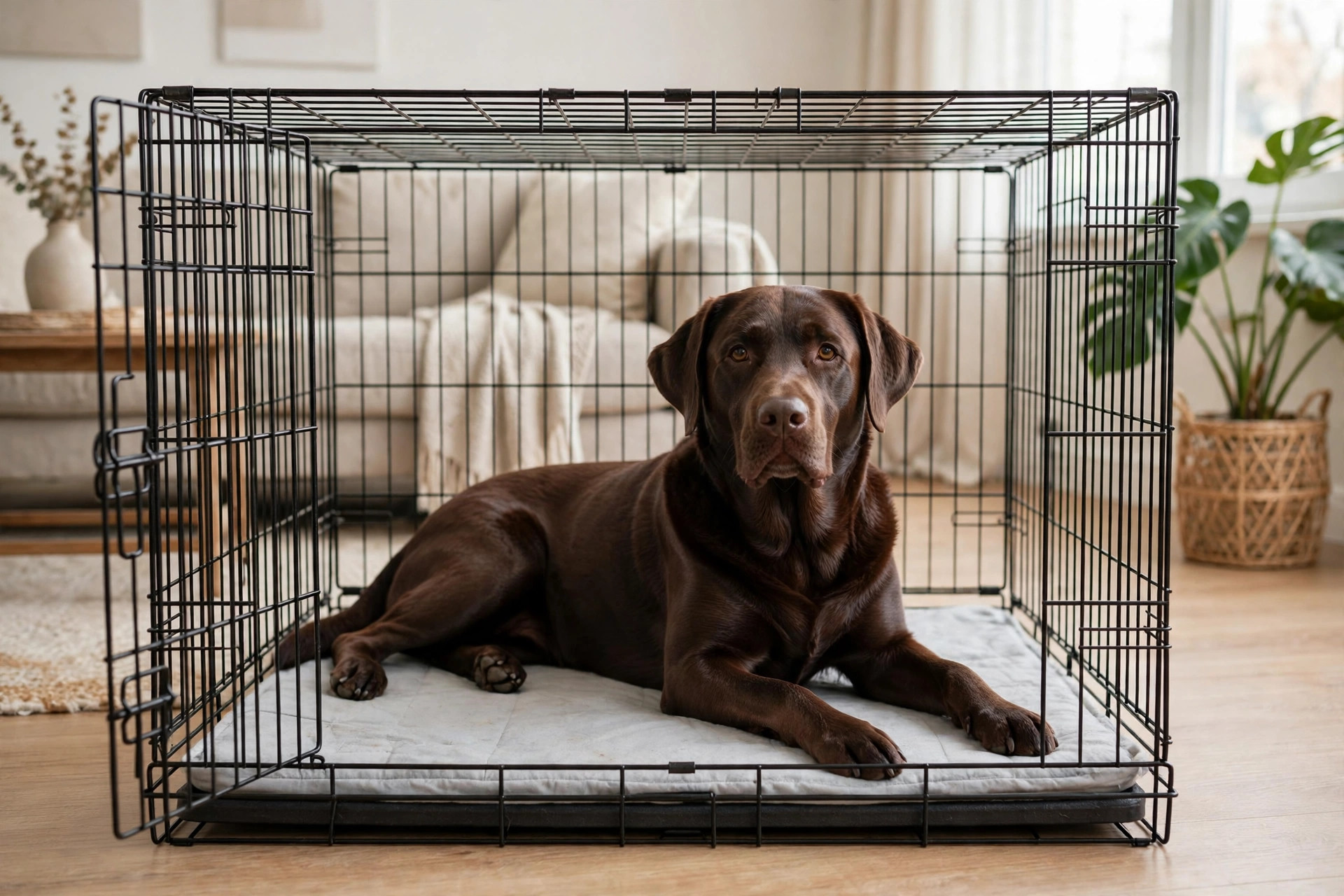 Chocolate labrador lying on a flat washable crate pad inside a wire dog crate.