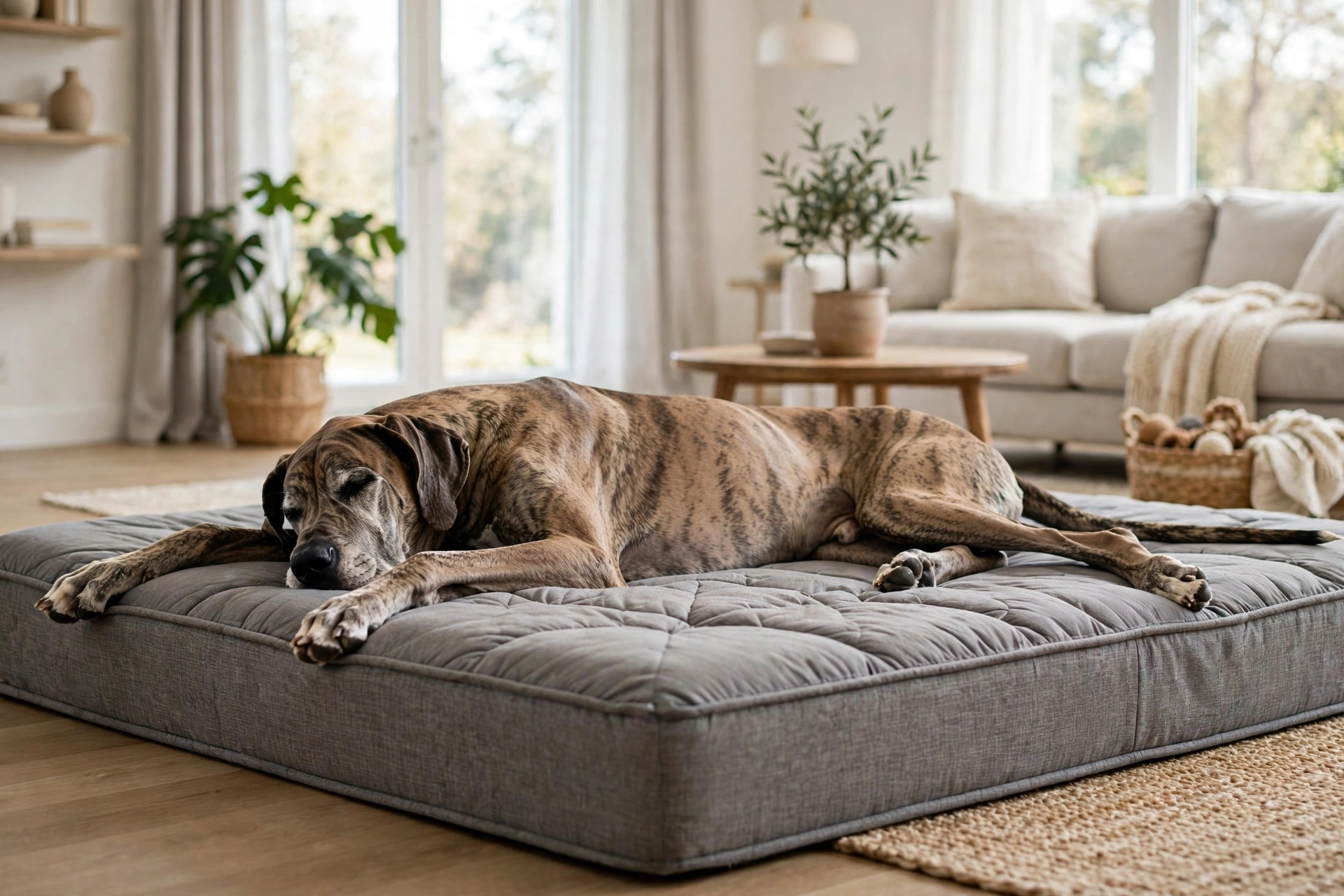 Great Dane sprawled on an extra-large flat orthopedic dog bed.