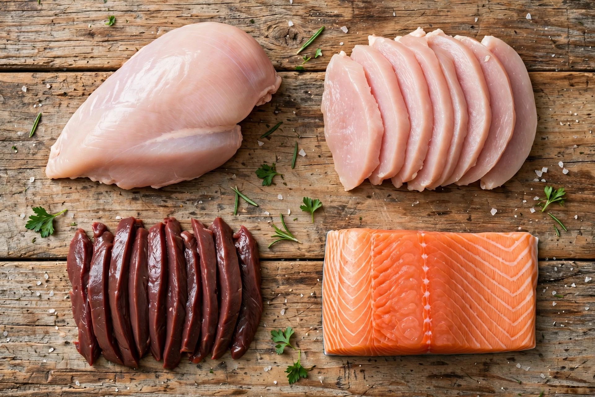 Flat-lay of lean proteins for homemade freeze-dried dog treats: chicken breast, turkey slices, beef liver strips and salmon fillet.