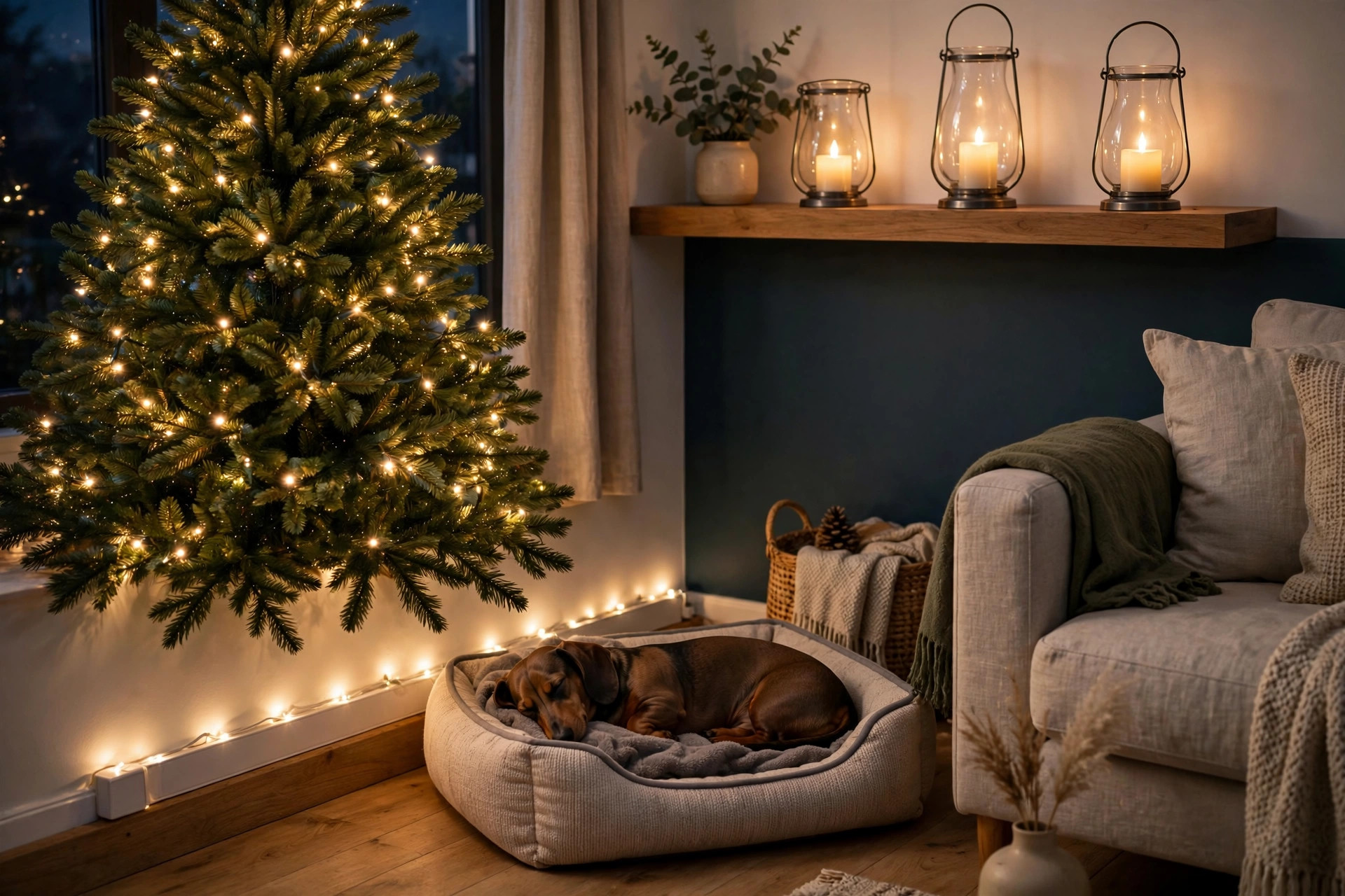 LED Christmas lights with cords taped along the wall, dachshund sleeping nearby