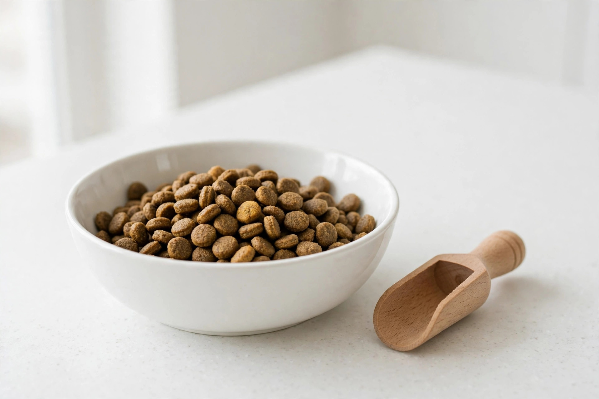 Bowl of limited-ingredient dog kibble with a measuring scoop