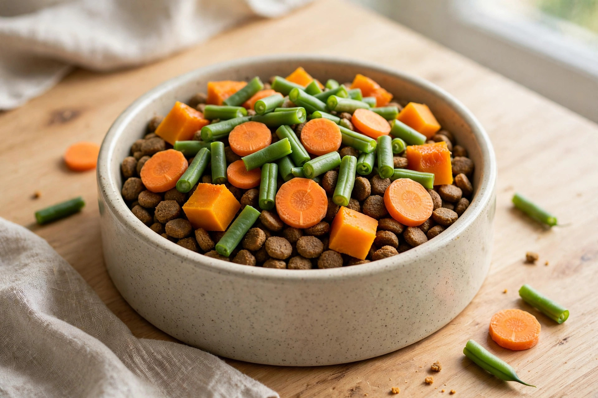 Dog kibble bowl topped with green beans, carrot coins and pumpkin as low-calorie toppers.