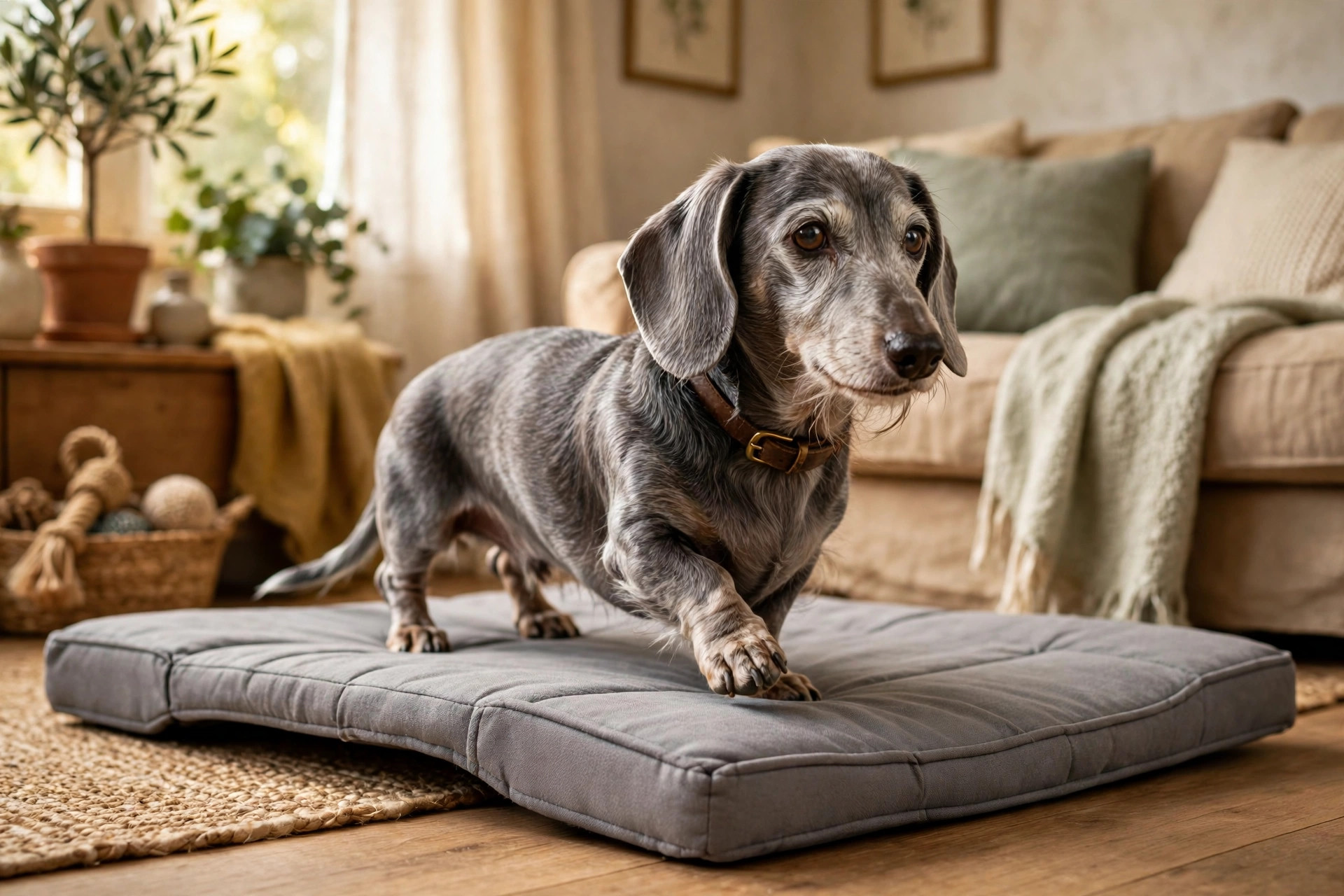 Senior dachshund stepping easily onto a low-profile orthopedic dog bed.