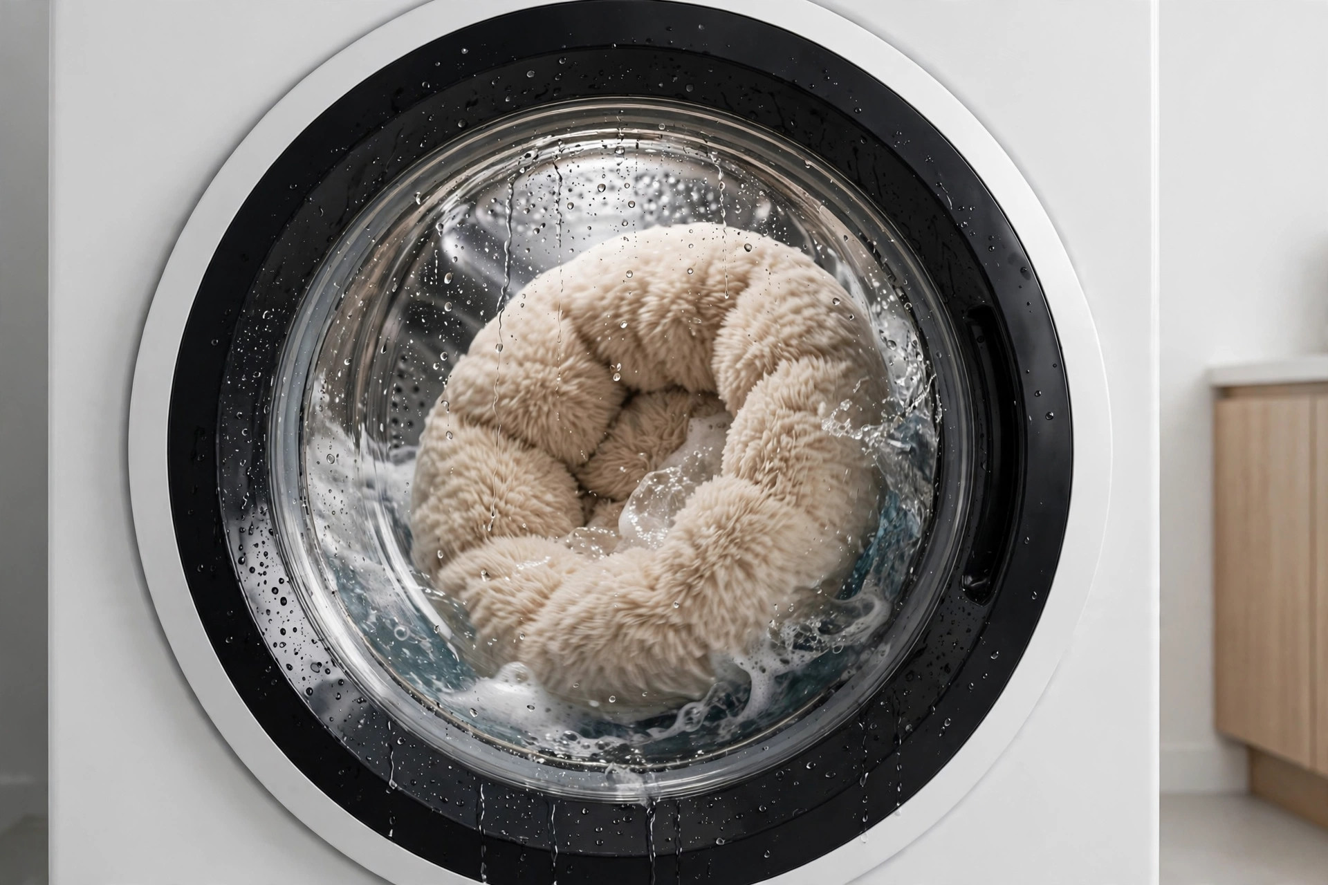 Dog bed cover tumbling inside a front-loading washing machine.