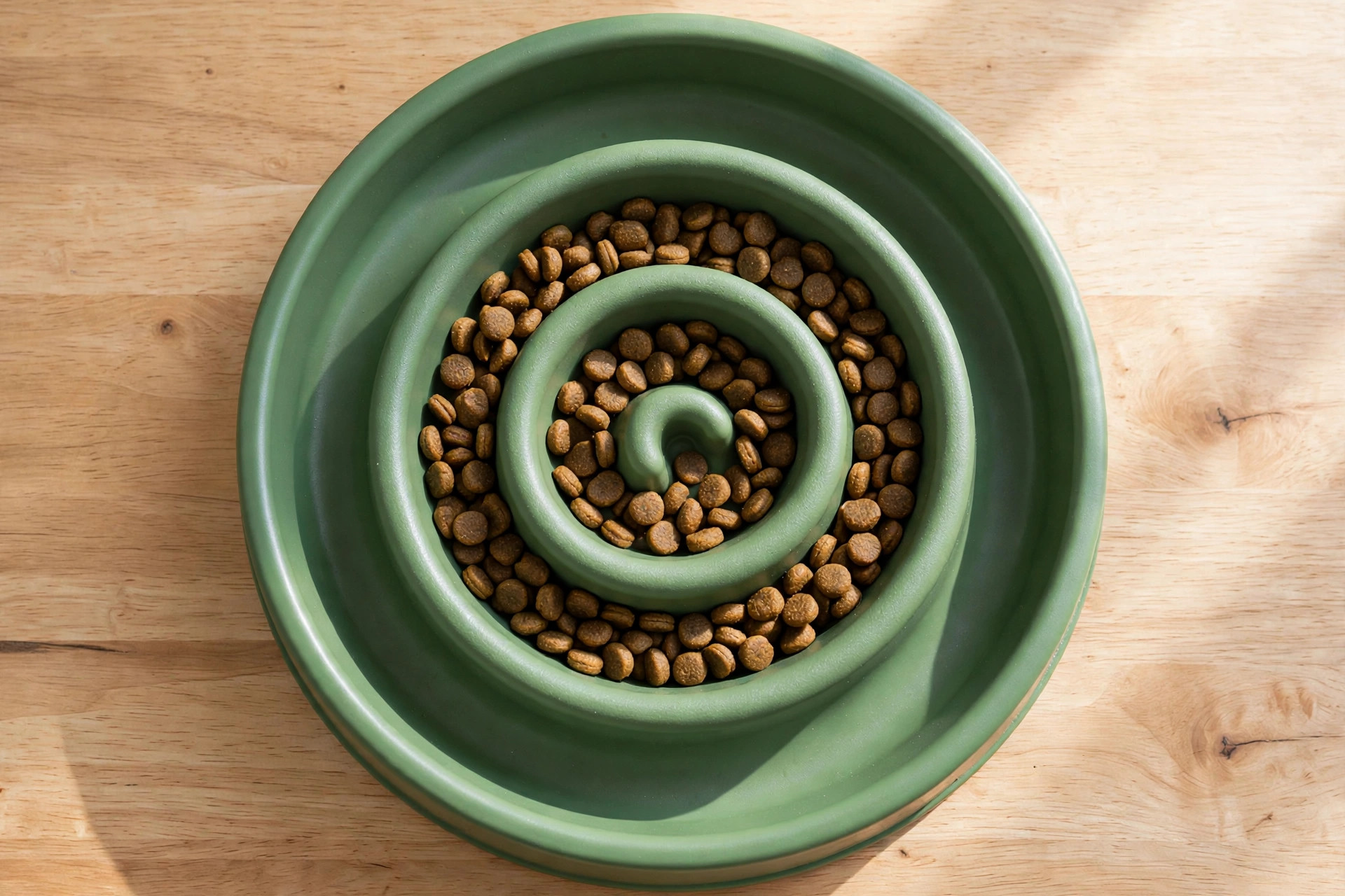Overhead close-up of a spiral maze slow feeder bowl filled with kibble.