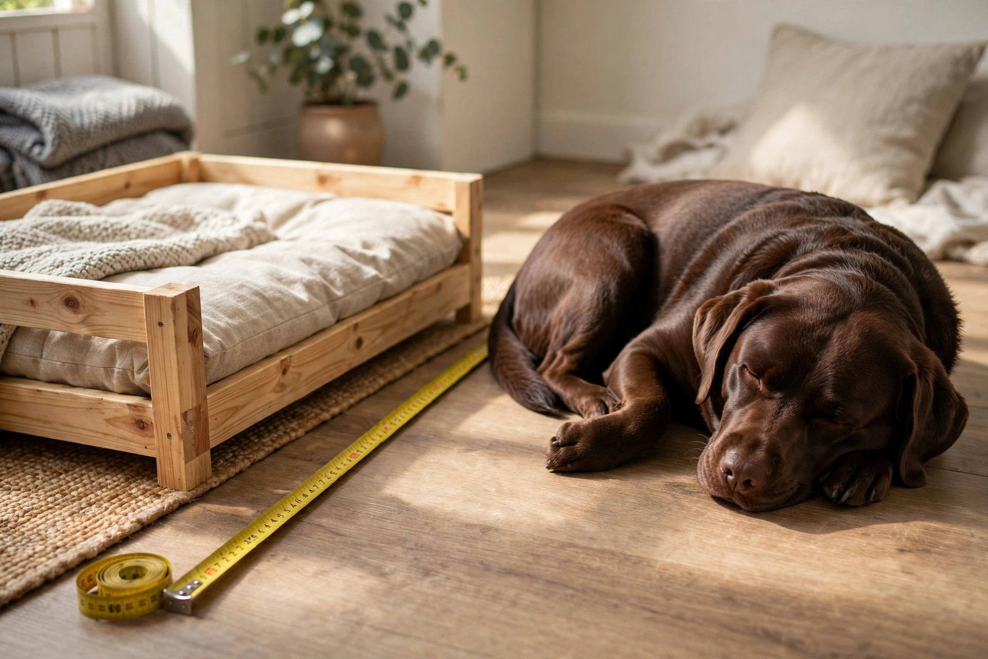 Measuring tape beside a sleeping labrador to size a DIY dog bed correctly.