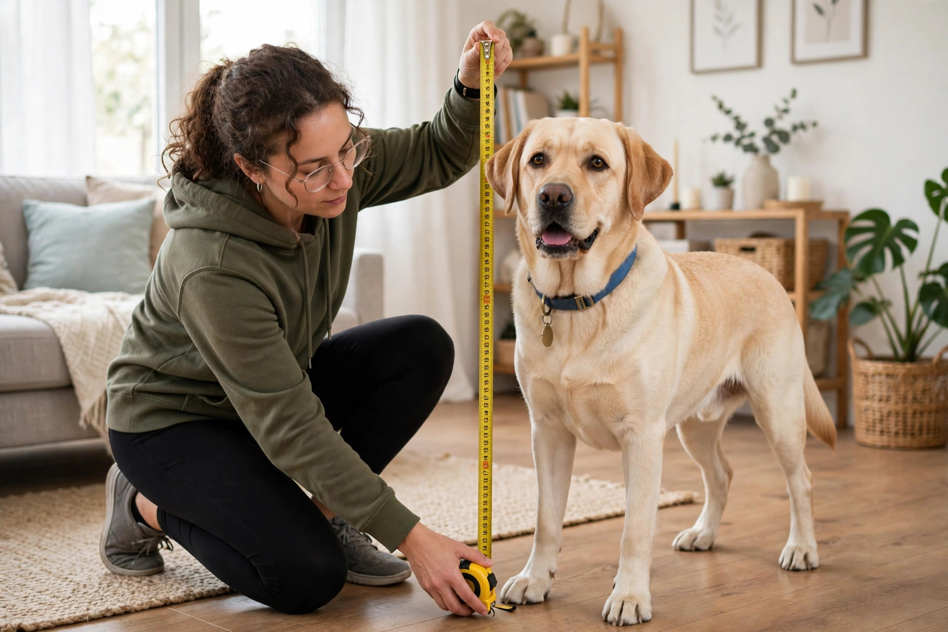 Owner measuring a Labrador's shoulder height with a tape measure to find the right raised feeder bowl height.