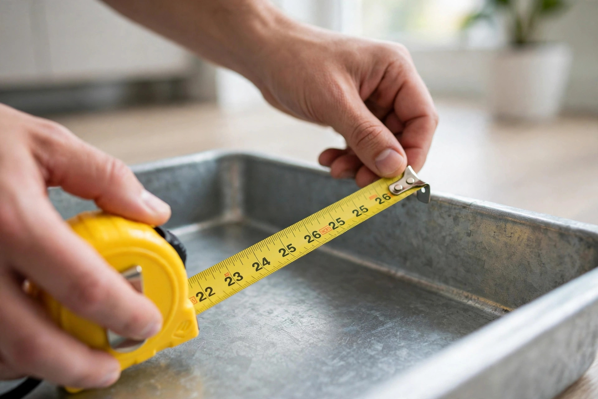Hands measuring the inside of a dog crate pan with a tape measure.