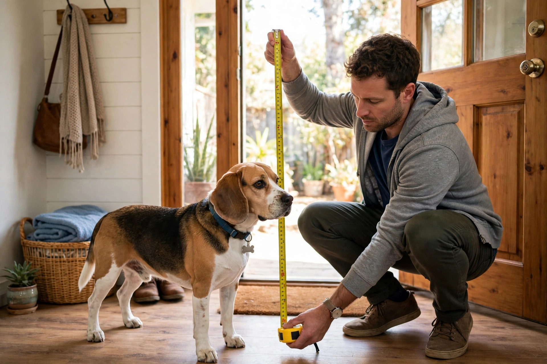 Owner measuring a beagle's shoulder height with a tape measure by a back door.