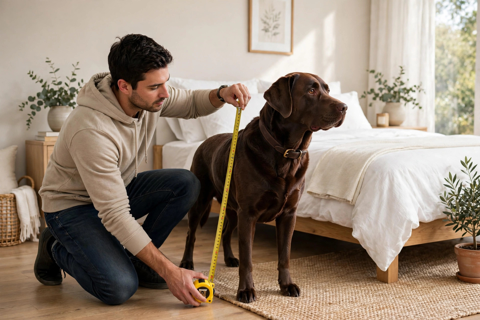 Person measuring a labrador's shoulder height with a tape measure next to a bed for DIY dog ramp sizing.