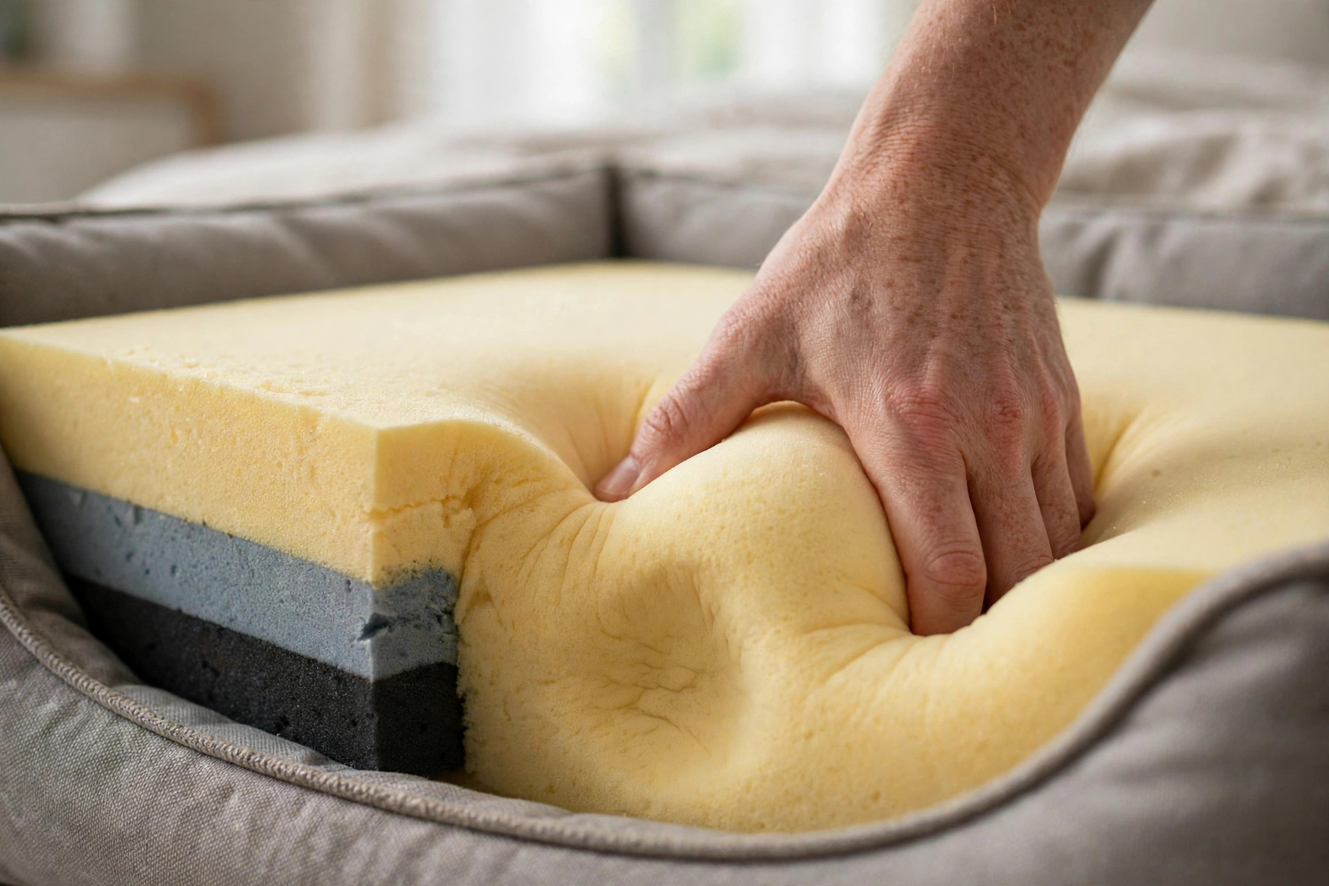 Hand pressing into dense memory foam inside an orthopedic dog bed.