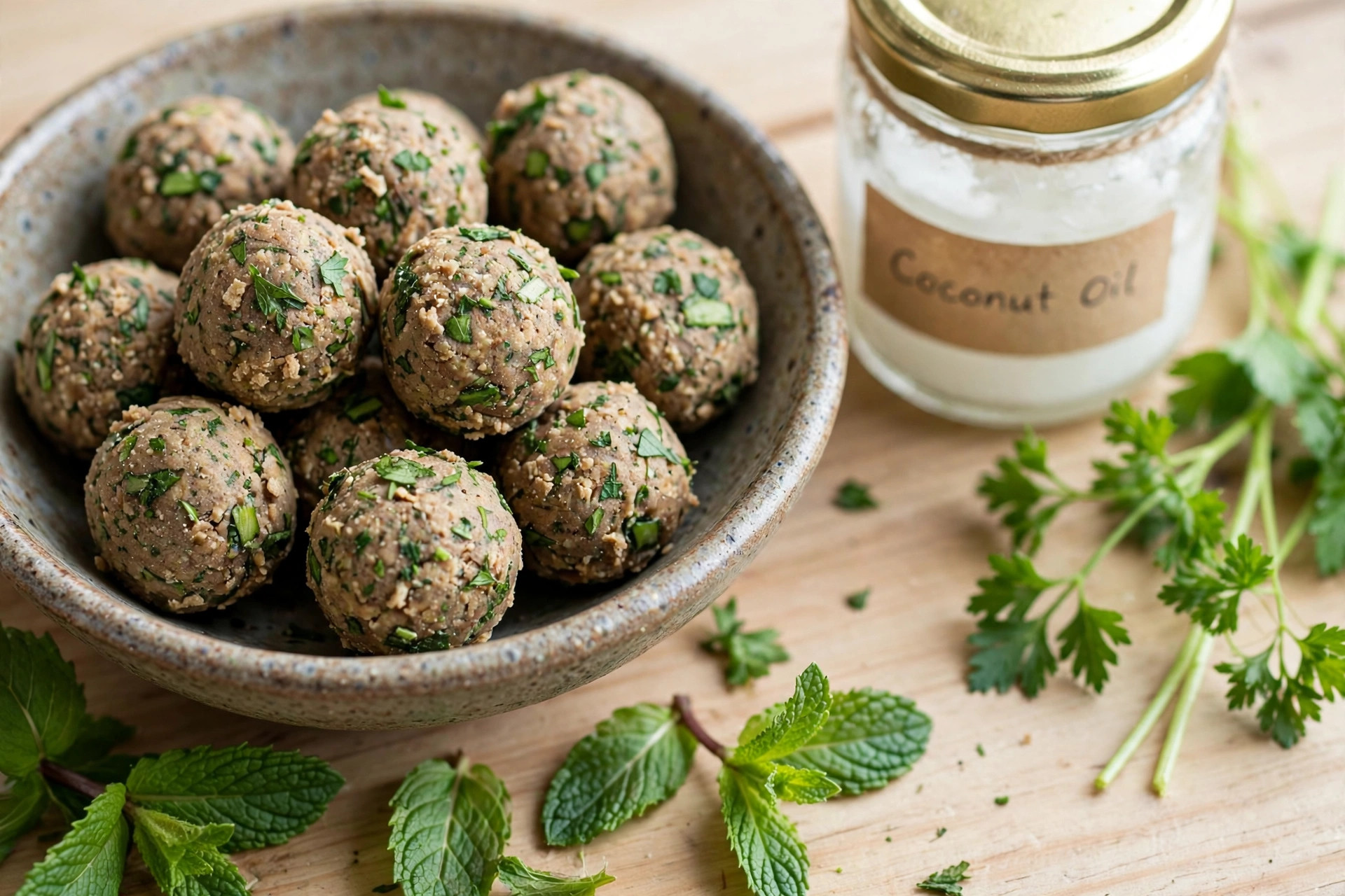 Homemade mint and parsley fresh-breath dog treats with coconut oil.