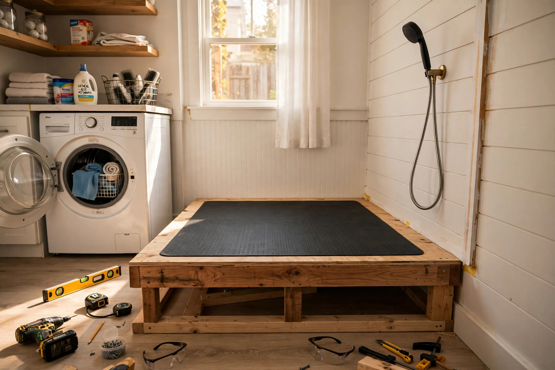 Raised wooden dog wash platform with non-slip rubber mat and handheld shower head in a laundry room corner
