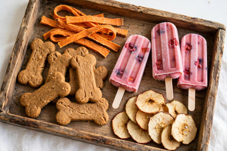 Natural homemade dog treats — bone biscuits, sweet potato chews, frozen berry pops and apple chips on a wooden tray.