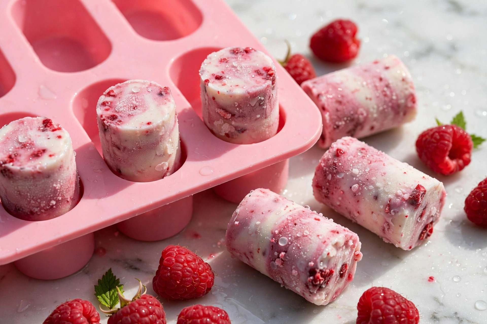 Frozen berry yoghurt pops for dogs in a pink silicone mould with fresh raspberries.
