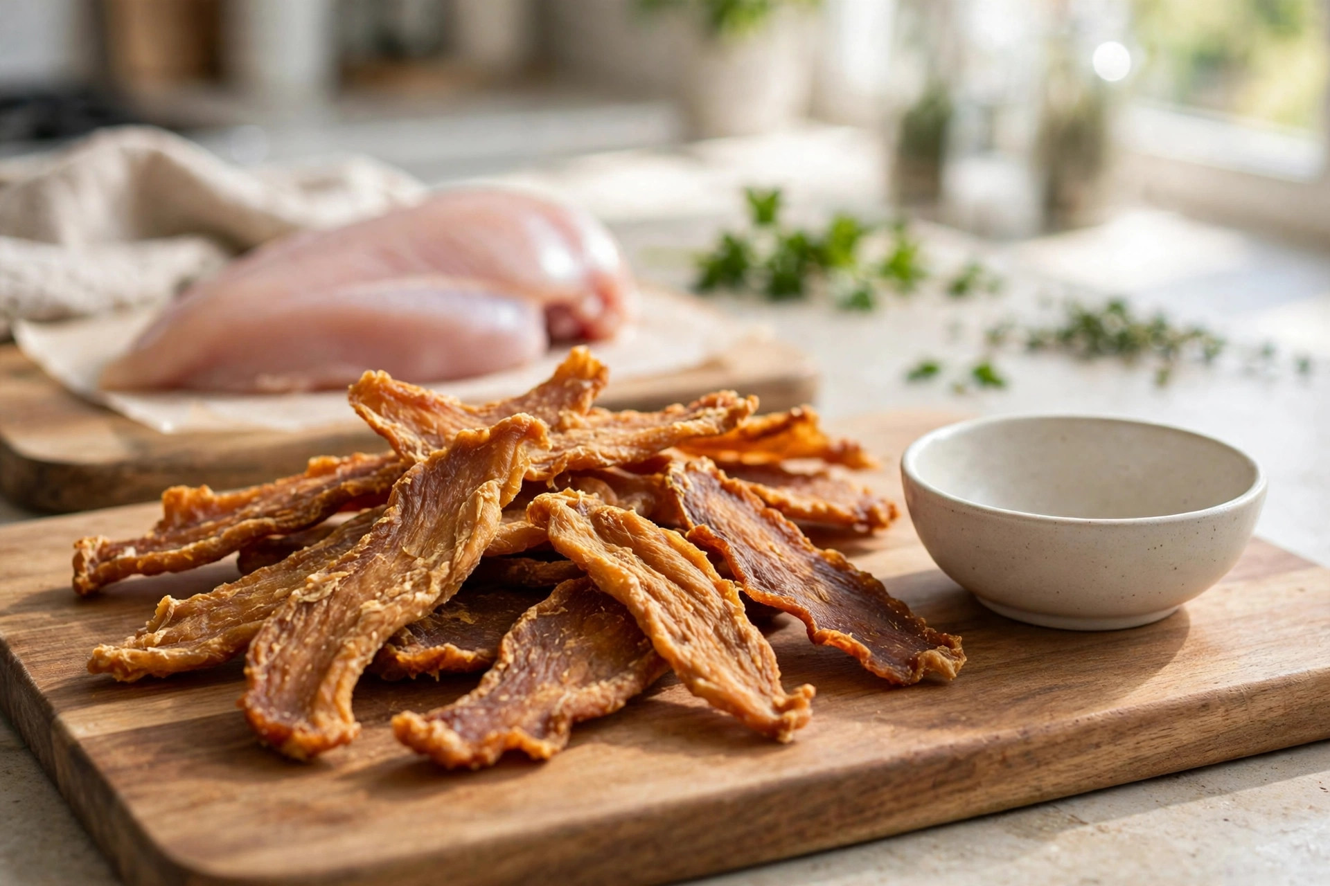 Homemade chicken jerky strips for dogs on a wooden cutting board.