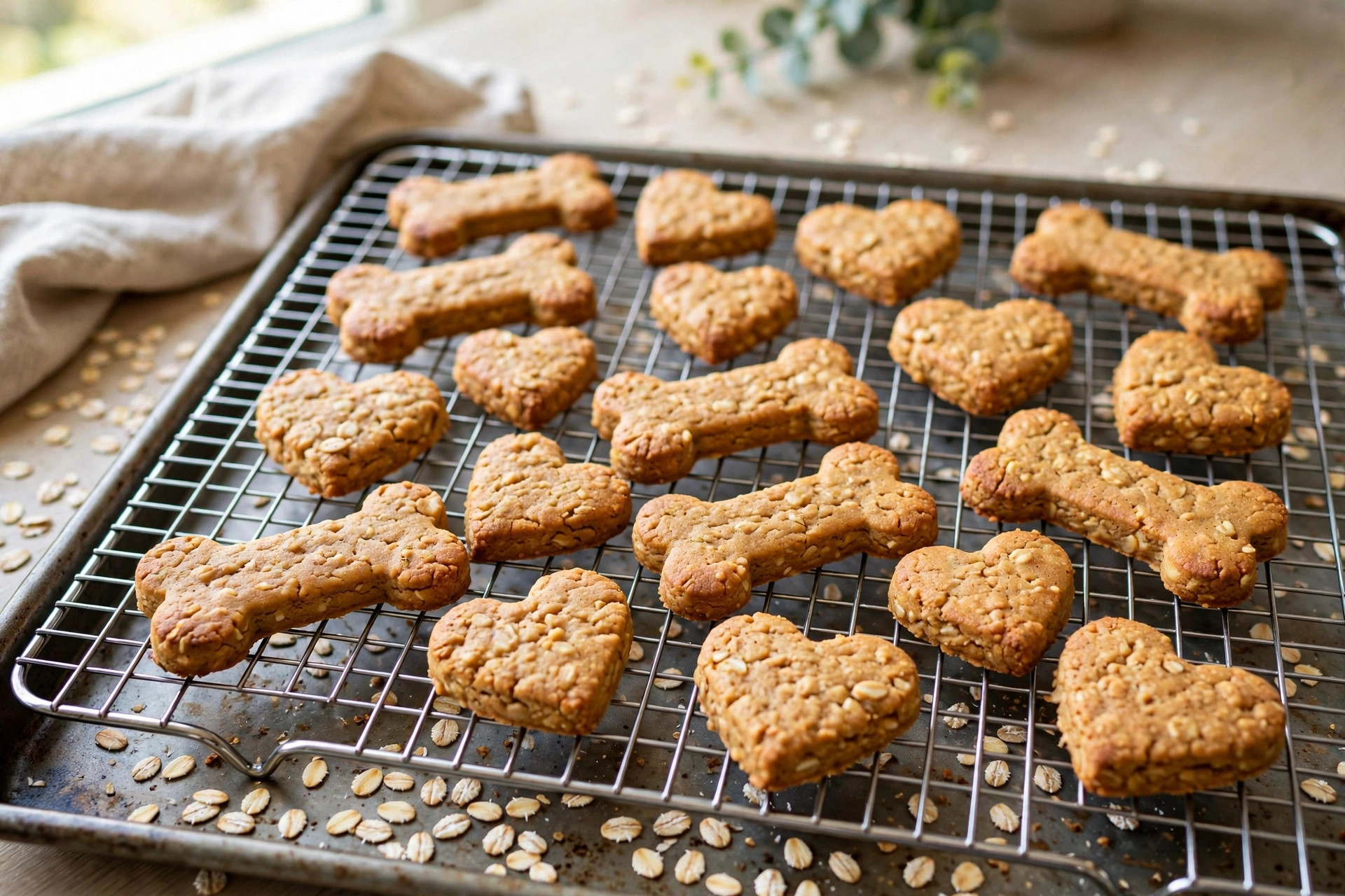 Homemade peanut butter dog biscuits cooling on a wire rack.