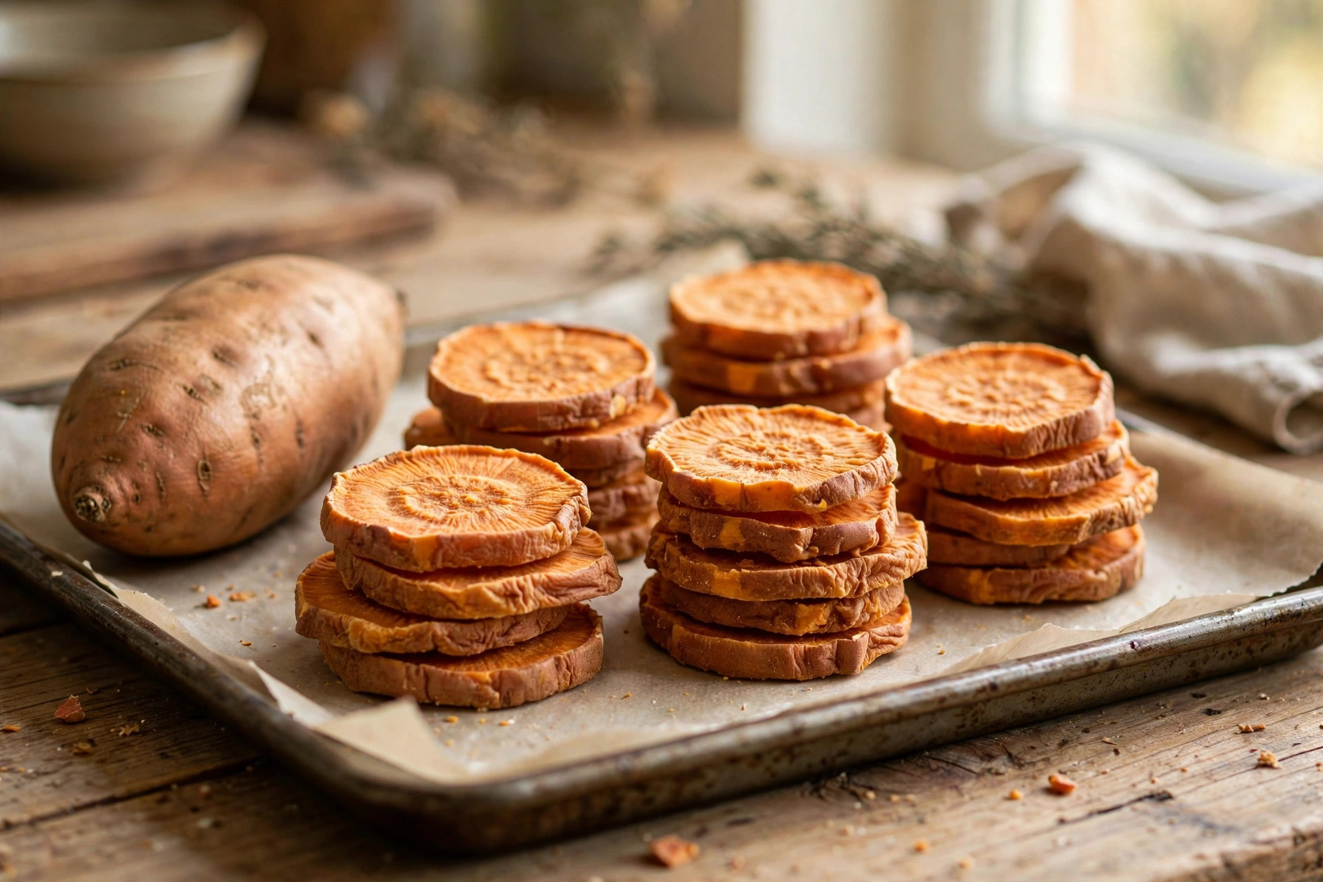 Homemade dried sweet potato chews for dogs stacked on a baking tray.