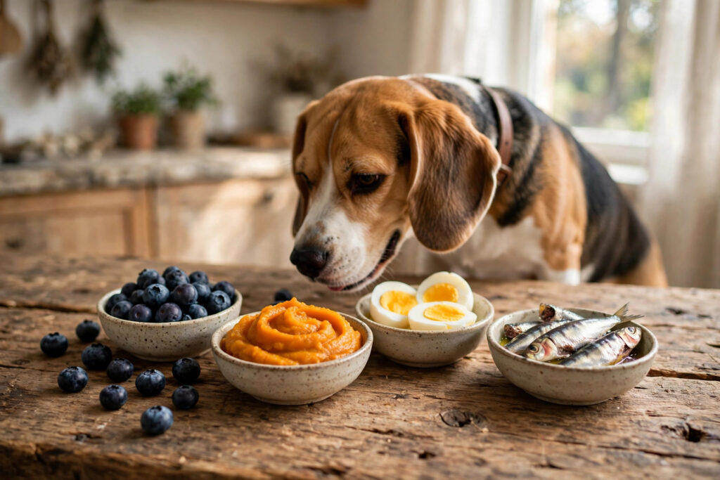 Beagle sniffing bowls of blueberries, pumpkin puree, eggs and sardines.