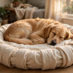 Golden retriever sleeping on a homemade no-sew DIY dog bed made from an old folded blanket