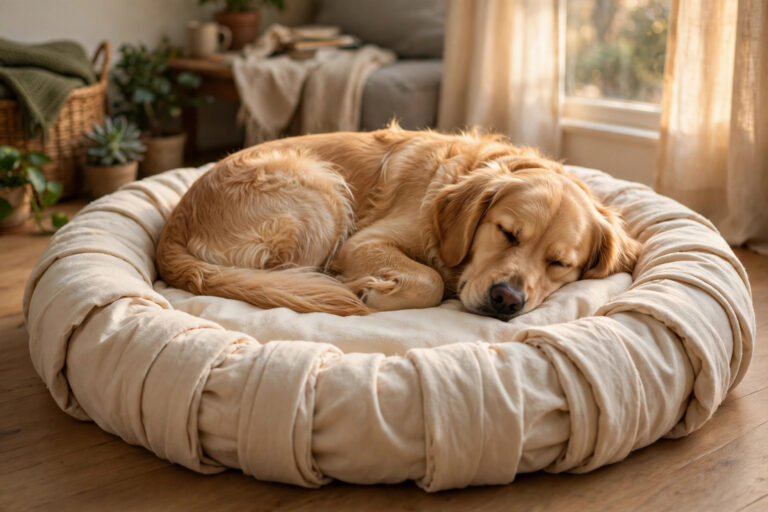 Golden retriever sleeping on a homemade no-sew DIY dog bed made from an old folded blanket