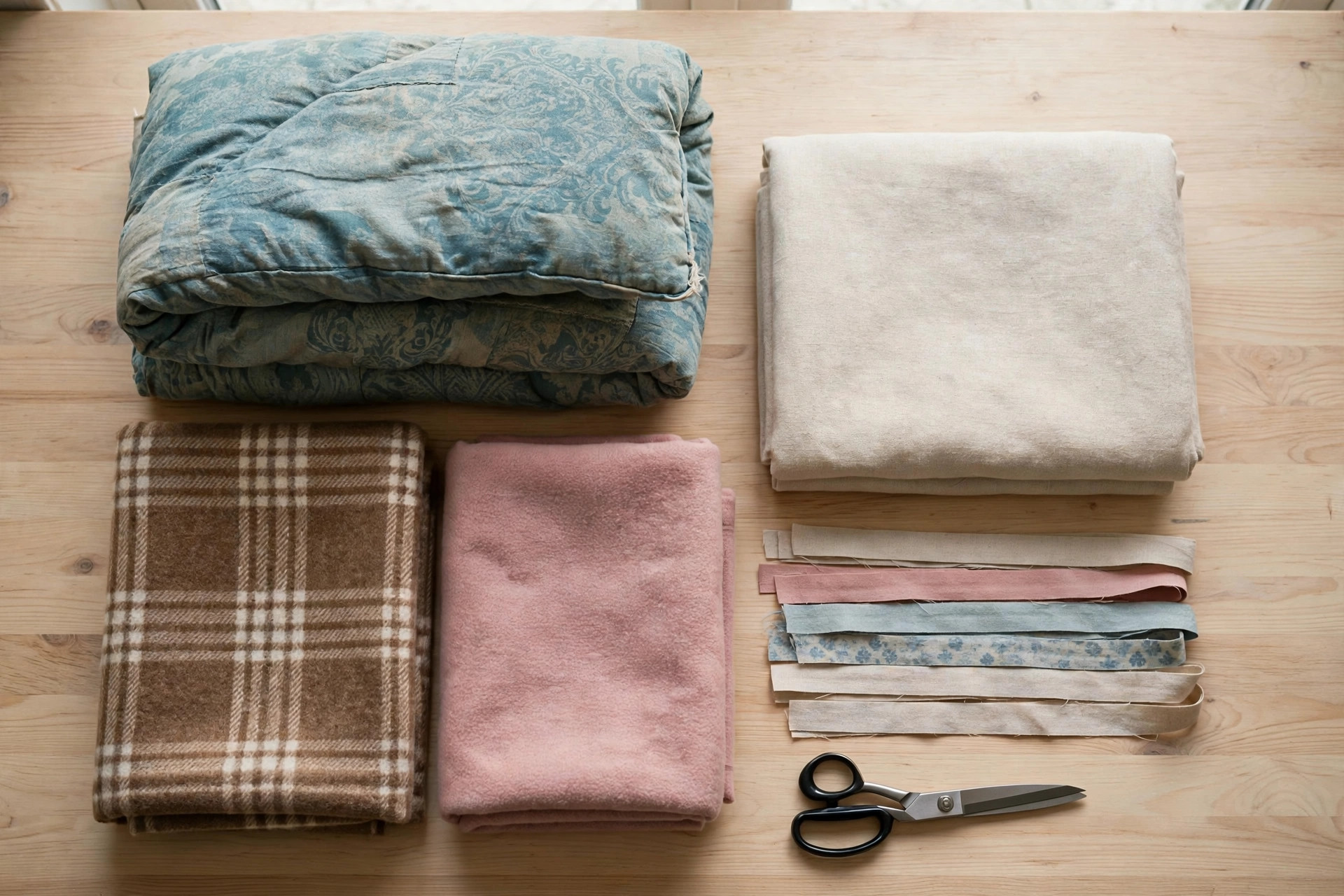 Flat lay of folded duvet, blankets, pillowcase, scissors and fabric strips for a no-sew dog bed project.