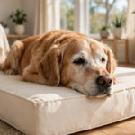 Senior golden retriever resting on an orthopedic memory-foam dog bed for arthritis relief.