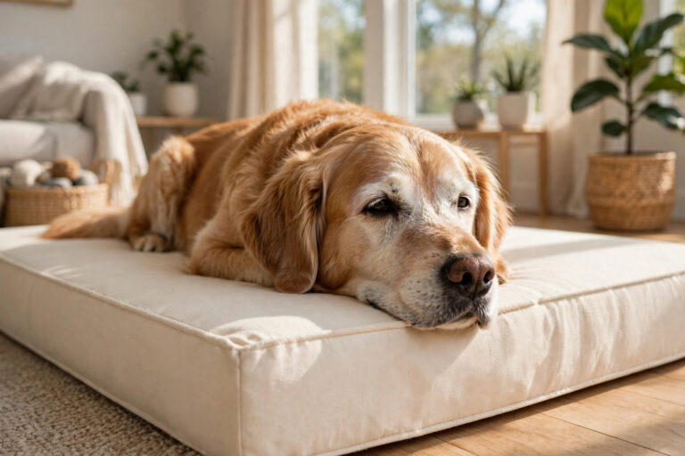 Senior golden retriever resting on an orthopedic memory-foam dog bed for arthritis relief.