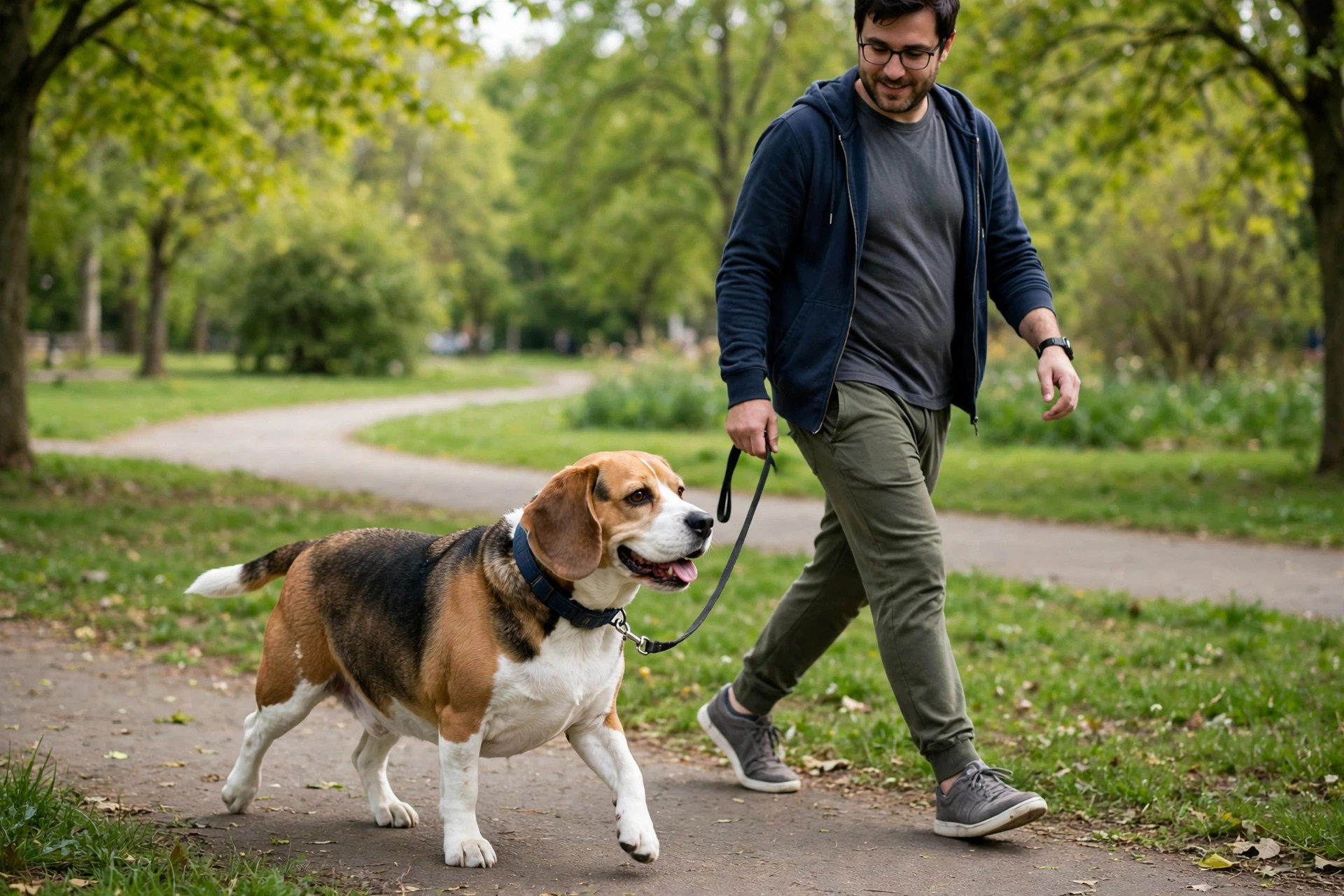 Owner walking a chunky beagle on a leash in a park for gentle exercise.