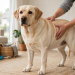 Owner checking an overweight labrador's ribs with both hands during a home body-condition score.