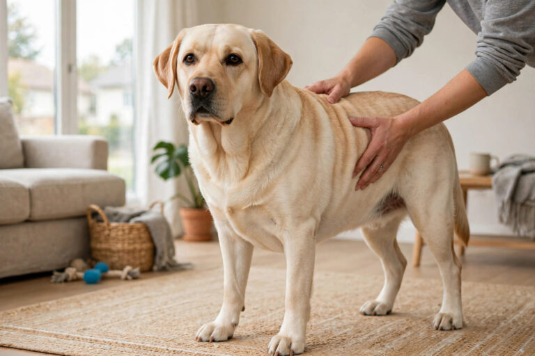 Owner checking an overweight labrador's ribs with both hands during a home body-condition score.