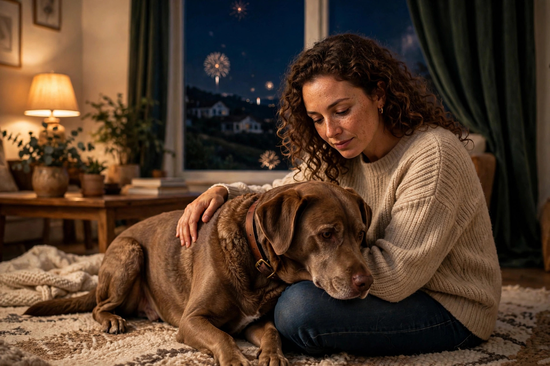Owner calmly comforting a nervous dog indoors during New Year's Eve fireworks