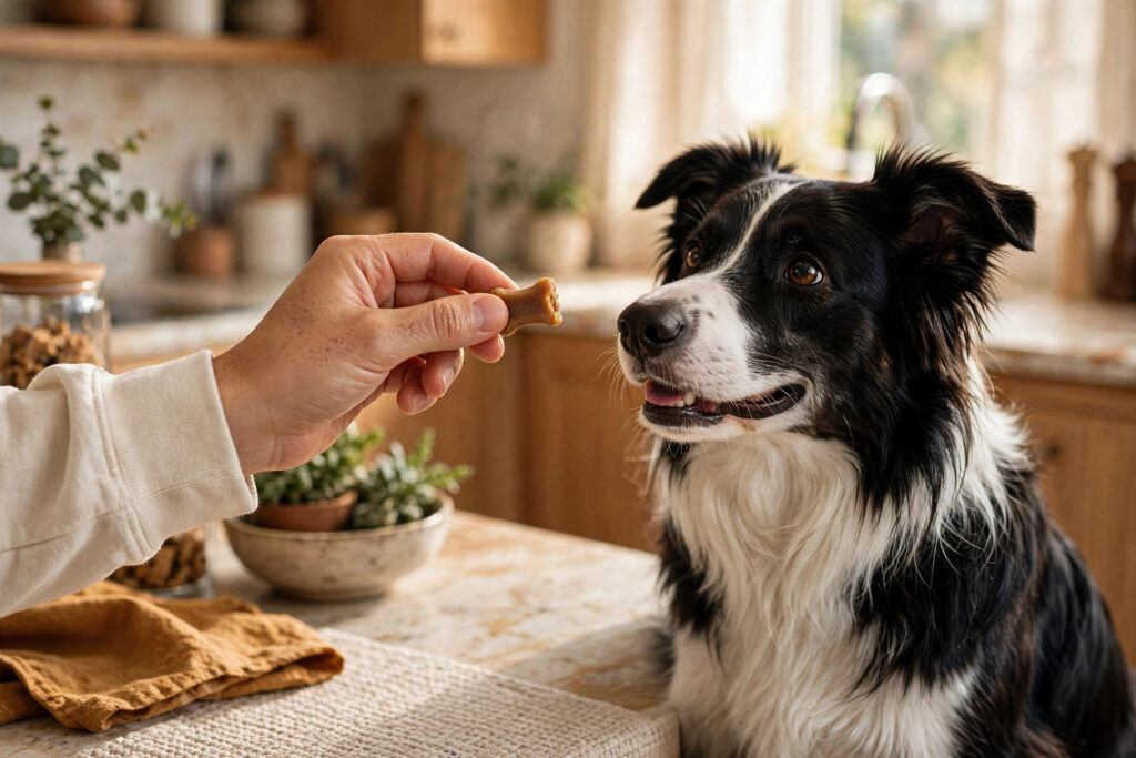 Owner offering a dog vitamin chew to a border collie.