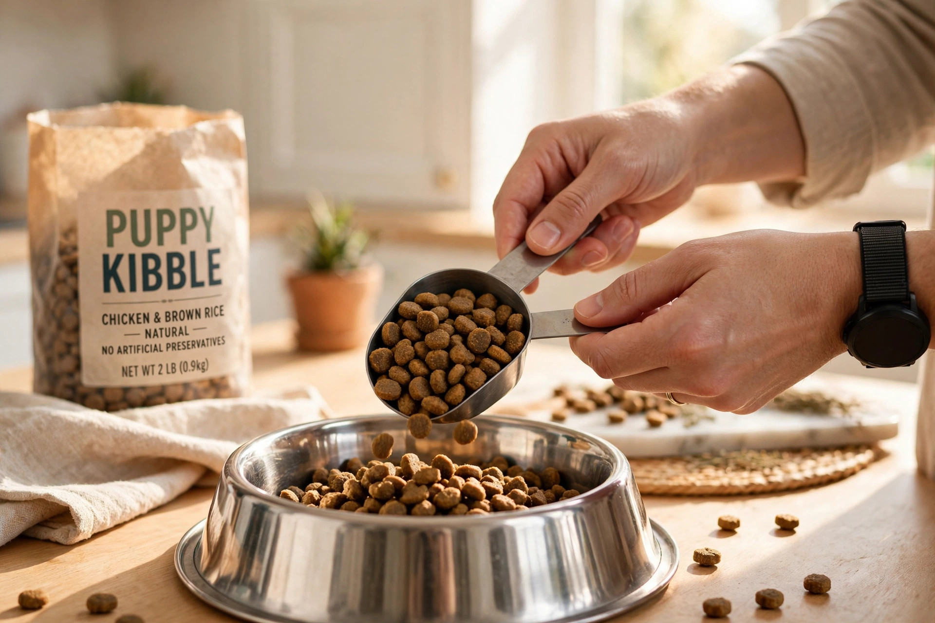 Owner measuring puppy kibble into a bowl in a bright kitchen.
