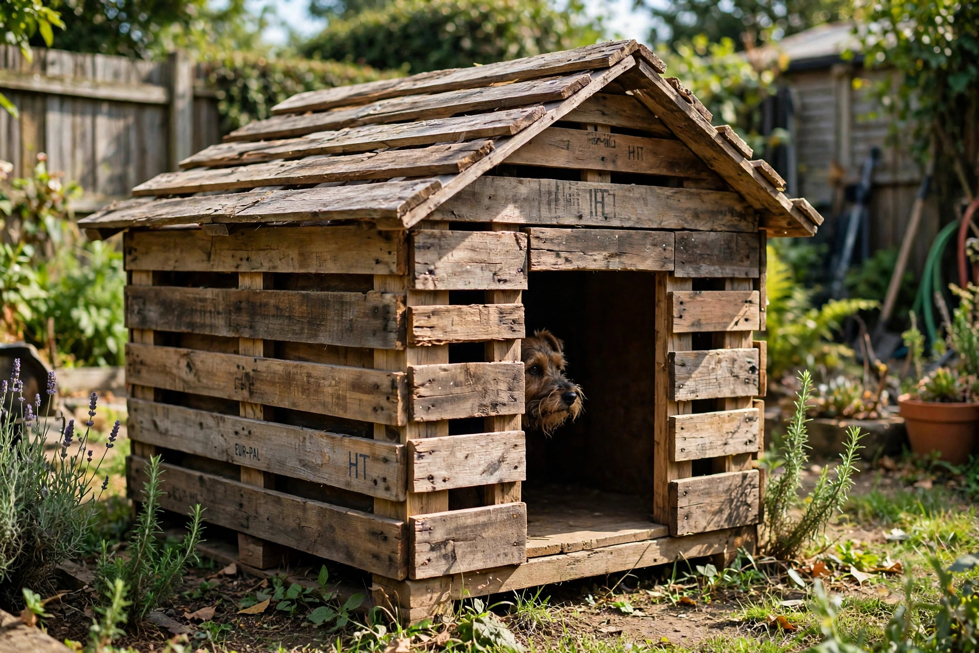 Rustic dog house built from reclaimed wooden pallet slats with a small terrier peeking out.